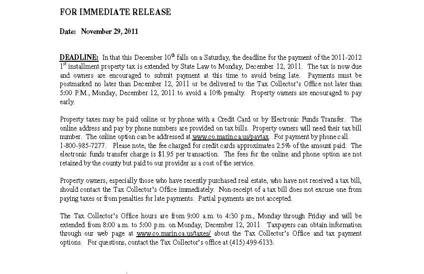 Marin County Property Taxes Are Due December 12 2011